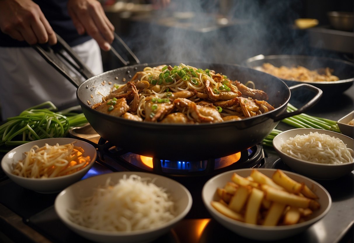 A wok sizzles with hot oil as a chef dips soft shell crabs in a batter, then fries them until golden and crispy. Ginger, garlic, and green onions wait nearby to add flavor to the dish