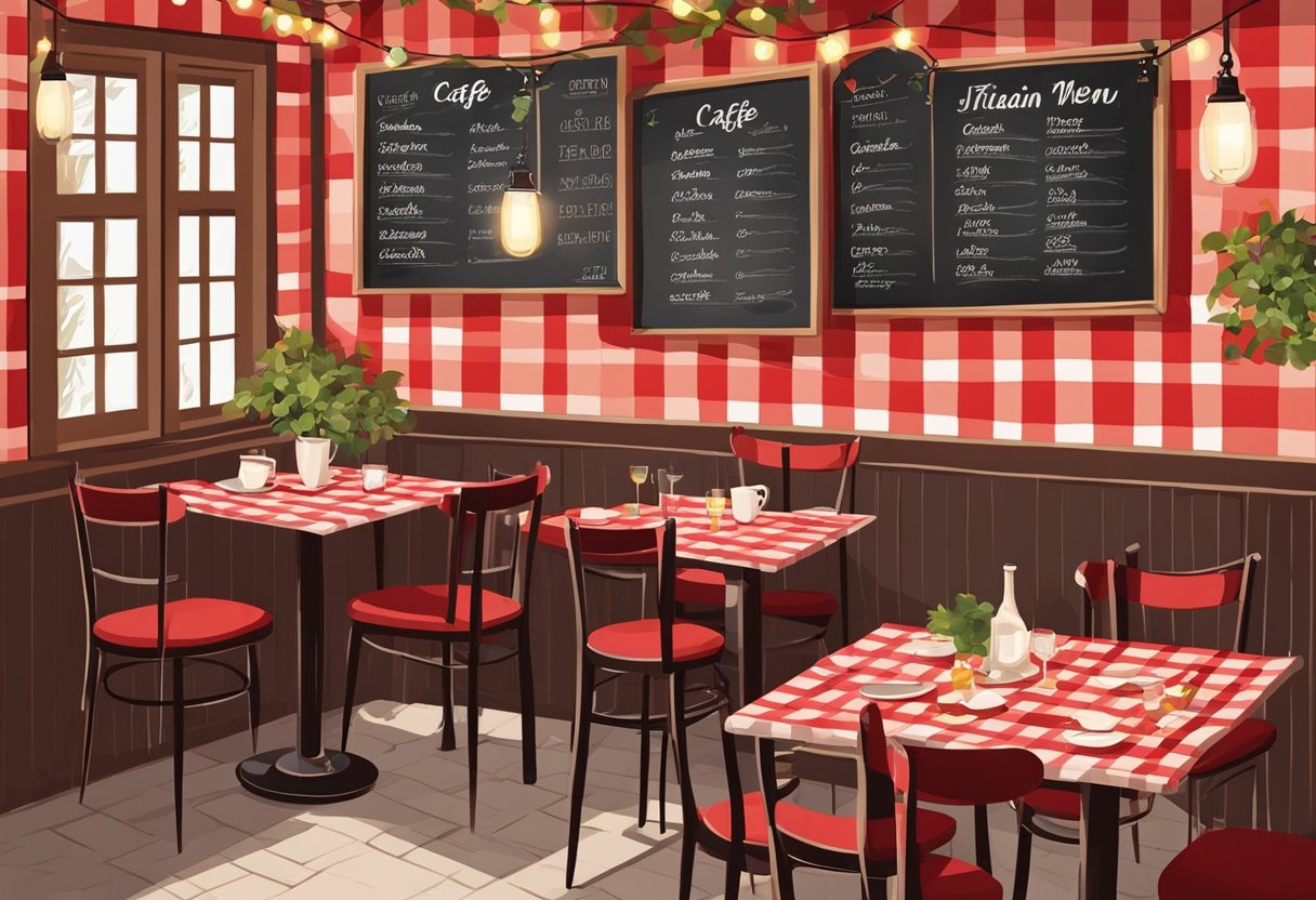 A rustic Italian café with a chalkboard menu, red checkered tablecloths, and hanging string lights