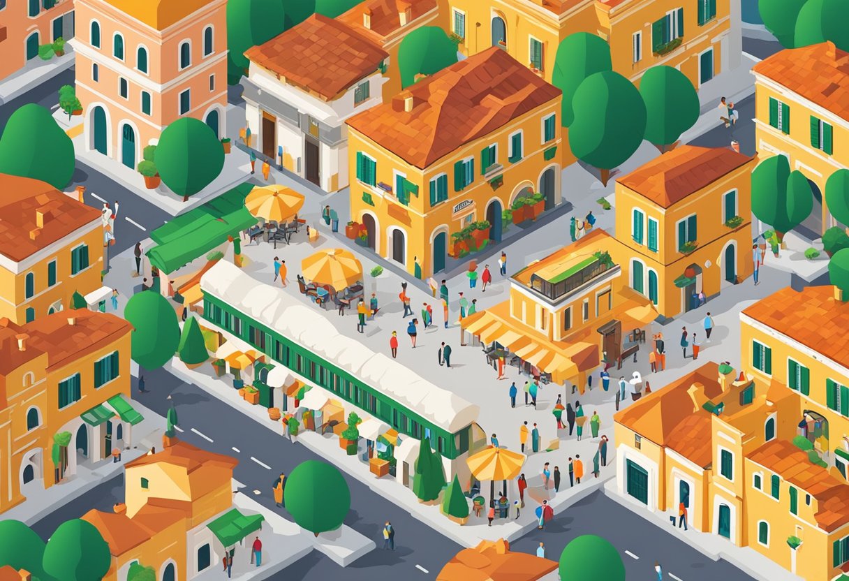 A bustling Italian piazza with colorful buildings, cobblestone streets, and locals conversing in Italian. A sign reads "Understanding Italian Culture and Language" in Italian