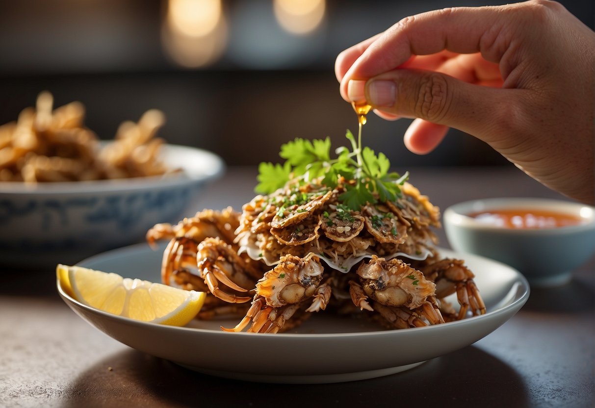 Soft shell crabs being marinated in Chinese spices, then dipped in batter and fried until golden brown. Served with a side of spicy dipping sauce