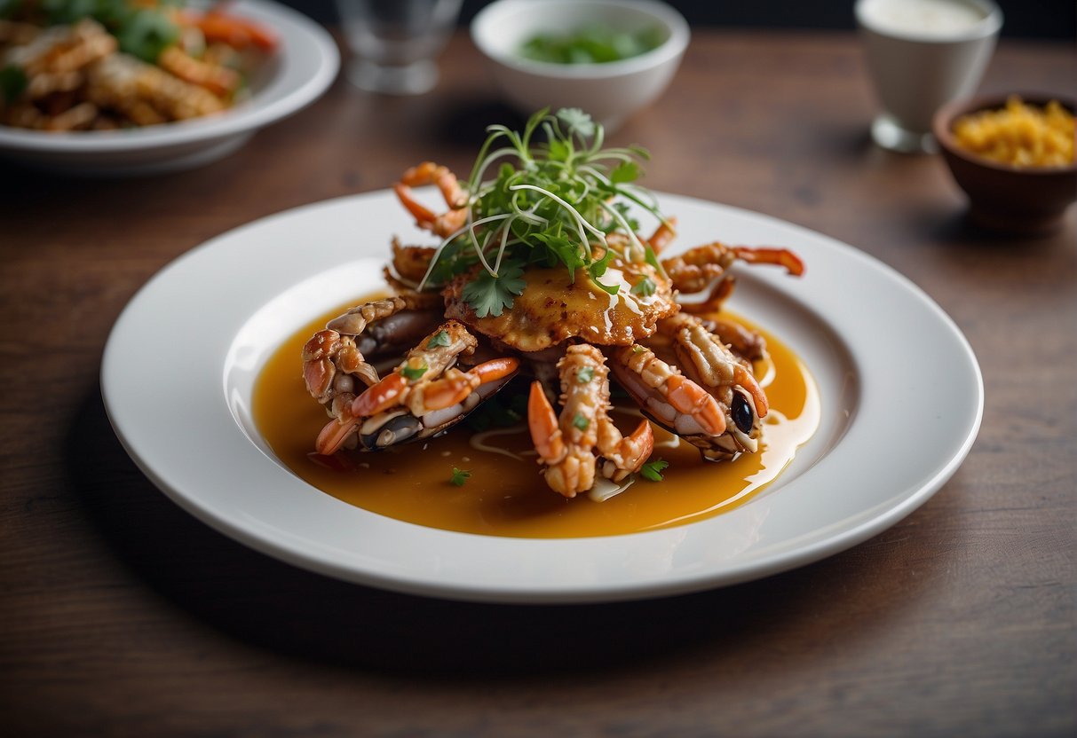 Soft shell crab dish served on a white porcelain plate with decorative garnishes and a drizzle of savory sauce