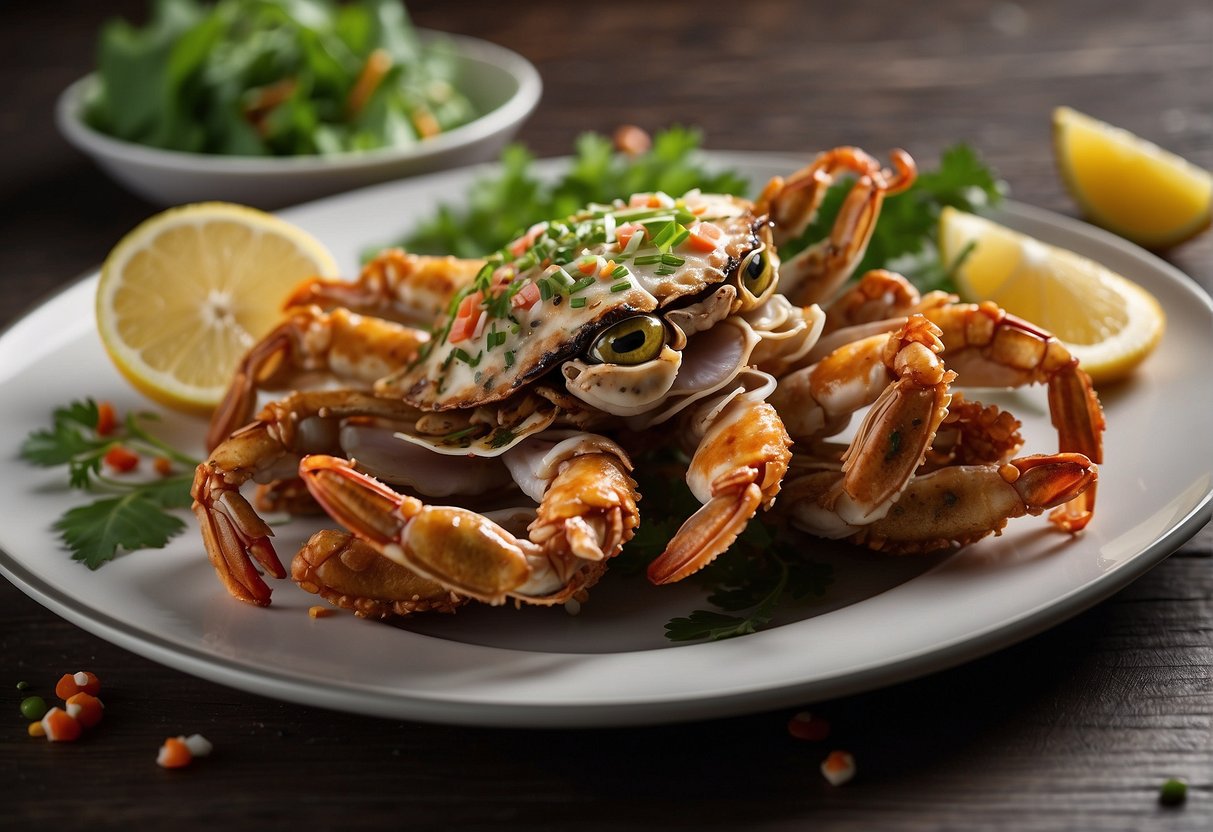 A plate of soft shell crab with Chinese seasonings and garnishes, accompanied by a small card displaying the nutritional information