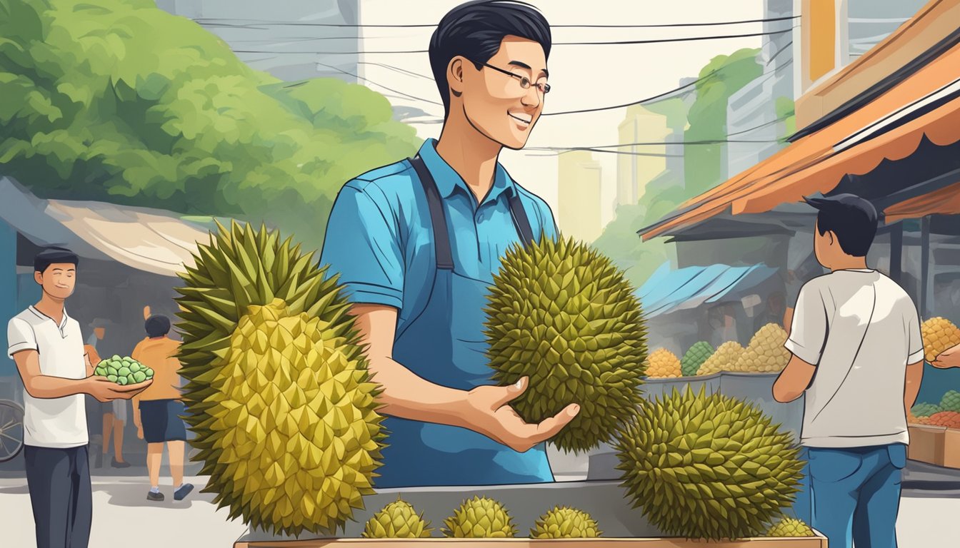 A person purchasing durian from a street vendor in Singapore. The vendor is holding up a spiky durian fruit, while the buyer is handing over money