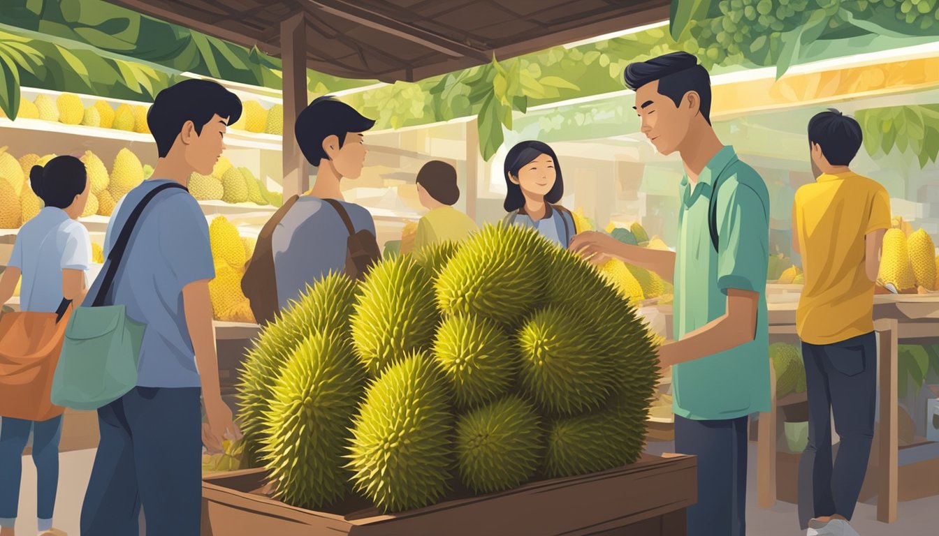 A market stall showcases the spiky, pungent durian fruit in Singapore, with eager customers inspecting the unique, yellow-green husks