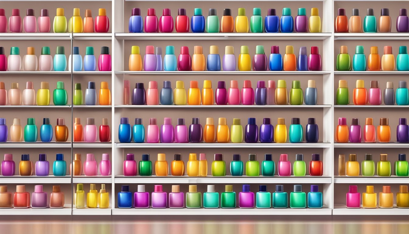 A row of colorful gel polish bottles displayed on shelves in a modern beauty supply store in Singapore. Bright lighting highlights the vibrant colors and sleek packaging