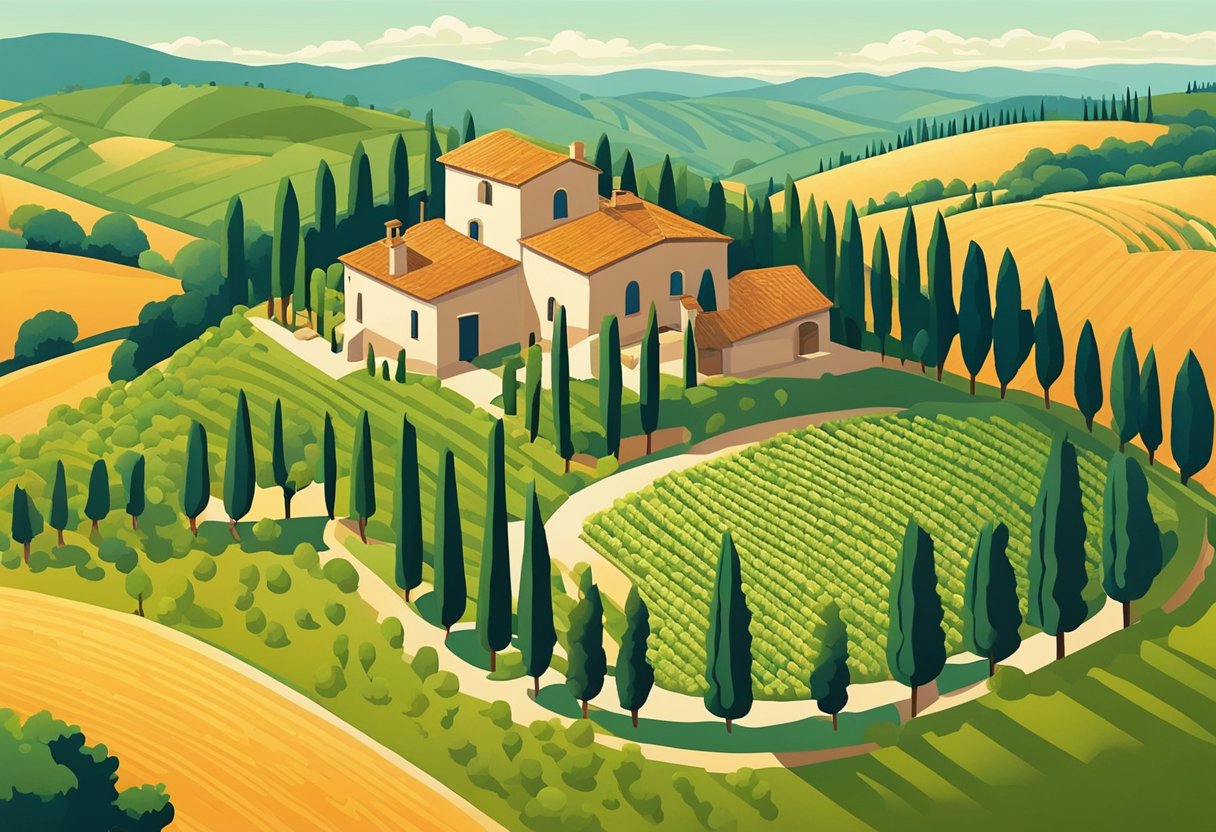 The rolling hills of Tuscany, dotted with vineyards and cypress trees, bask in the warm glow of the setting sun. A charming stone farmhouse sits nestled among the picturesque landscape