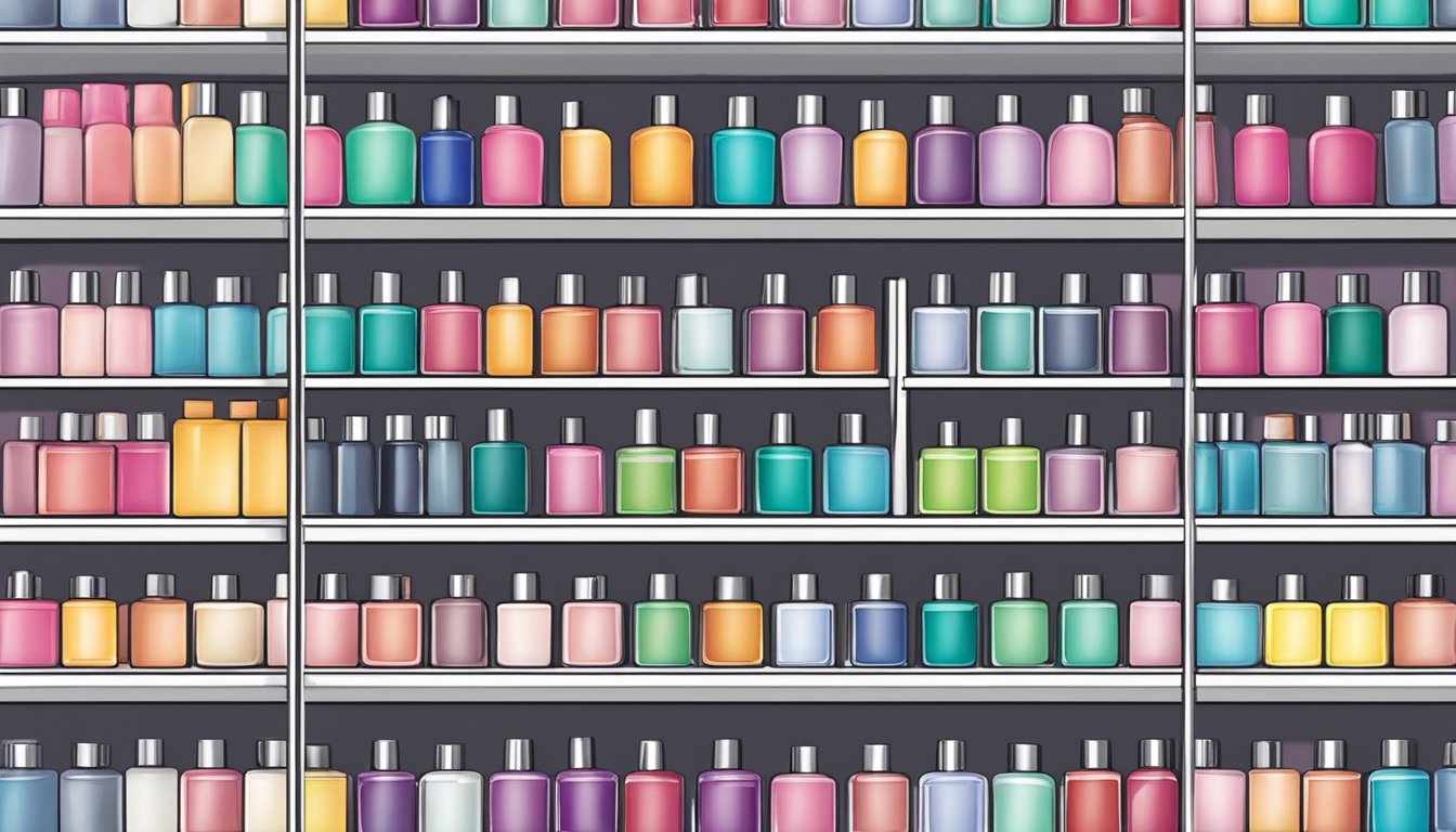 A hand reaching for various bottles of gel polish on a neatly organized shelf in a beauty supply store in Singapore