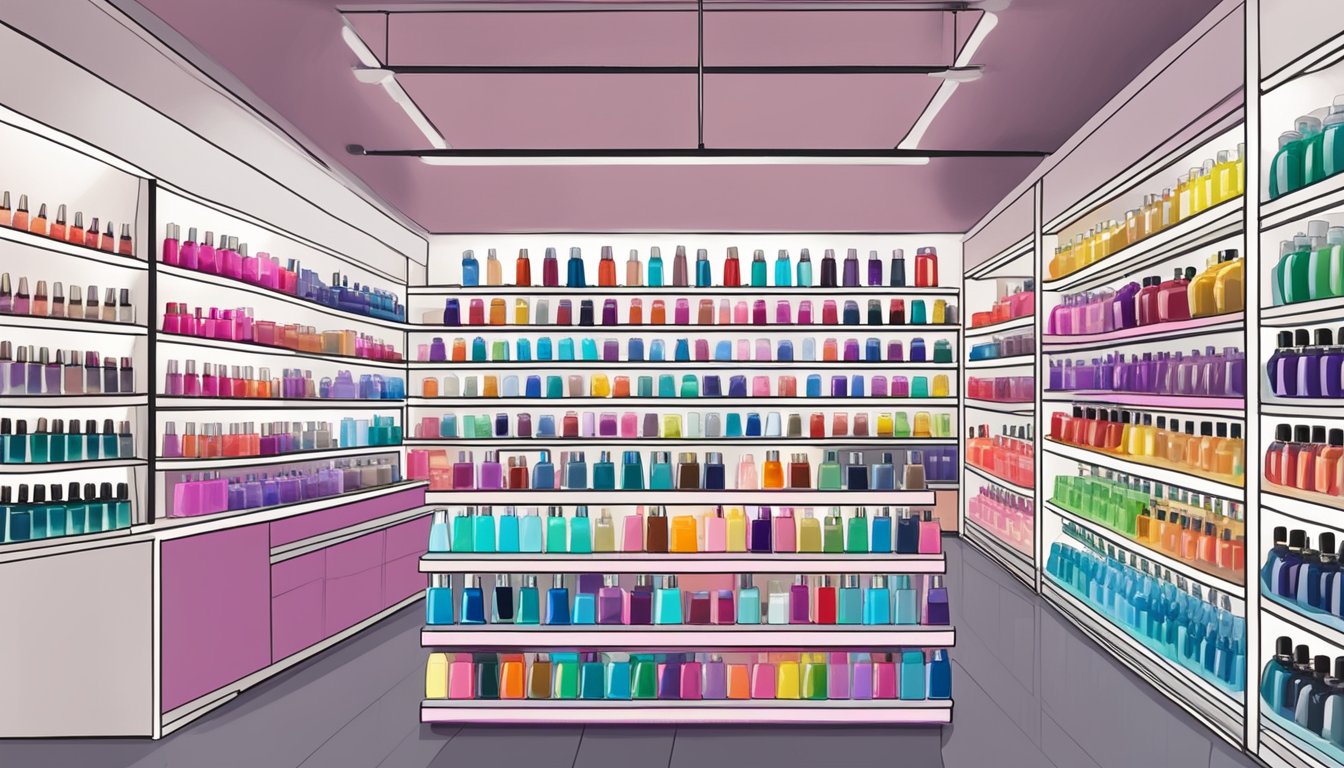 A display of colorful gel polish bottles arranged on shelves in a Singaporean beauty store. A sign above reads "Frequently Asked Questions: Where to buy gel polish in Singapore."