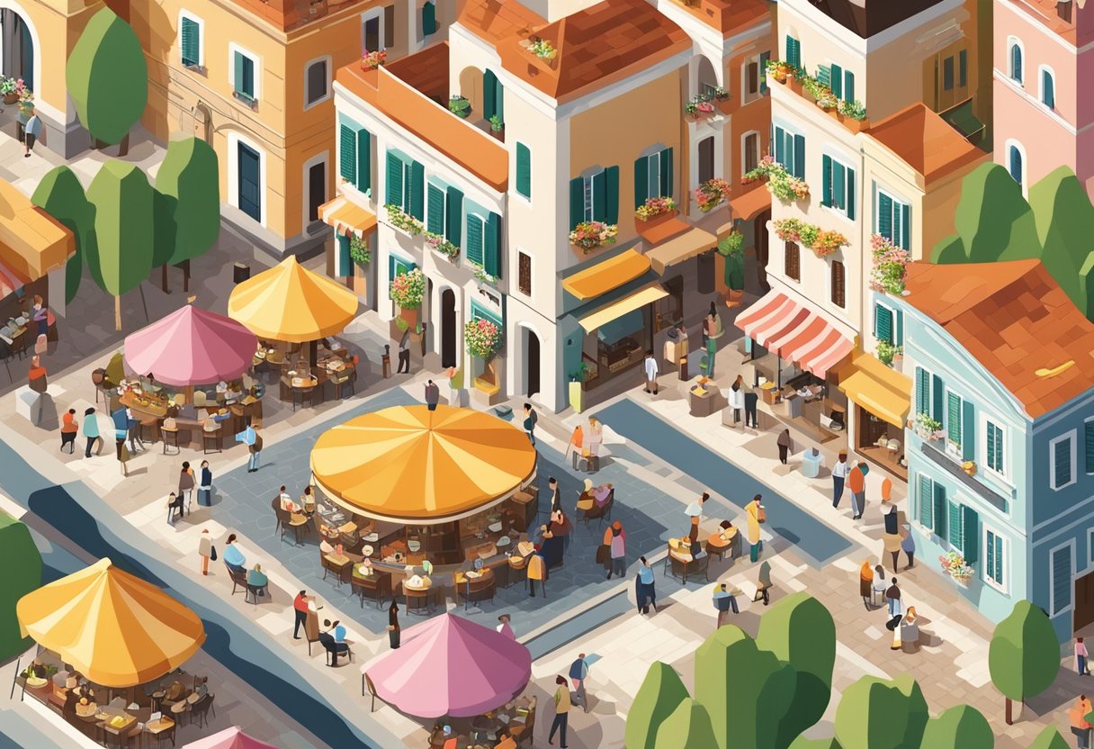 A bustling Italian piazza with colorful buildings, cobblestone streets, and outdoor cafes filled with people enjoying espresso and gelato