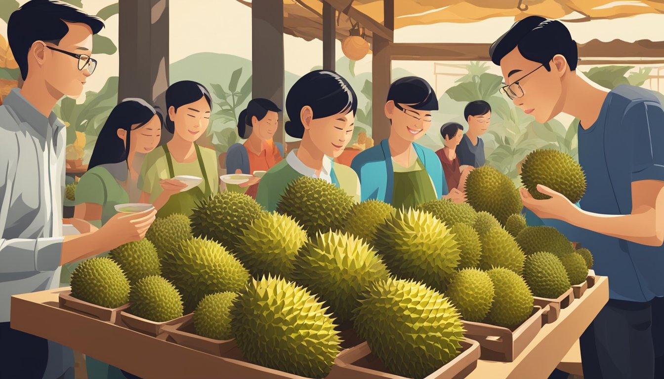 A table filled with fresh durians of various sizes and shapes, surrounded by eager customers sampling and savoring the unique aroma and taste