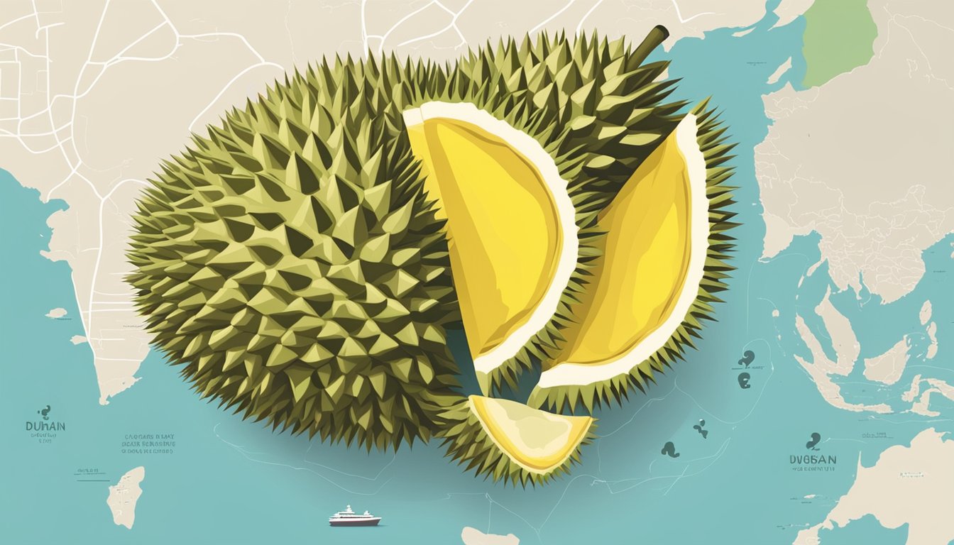 A durian fruit surrounded by question marks and a map of Singapore