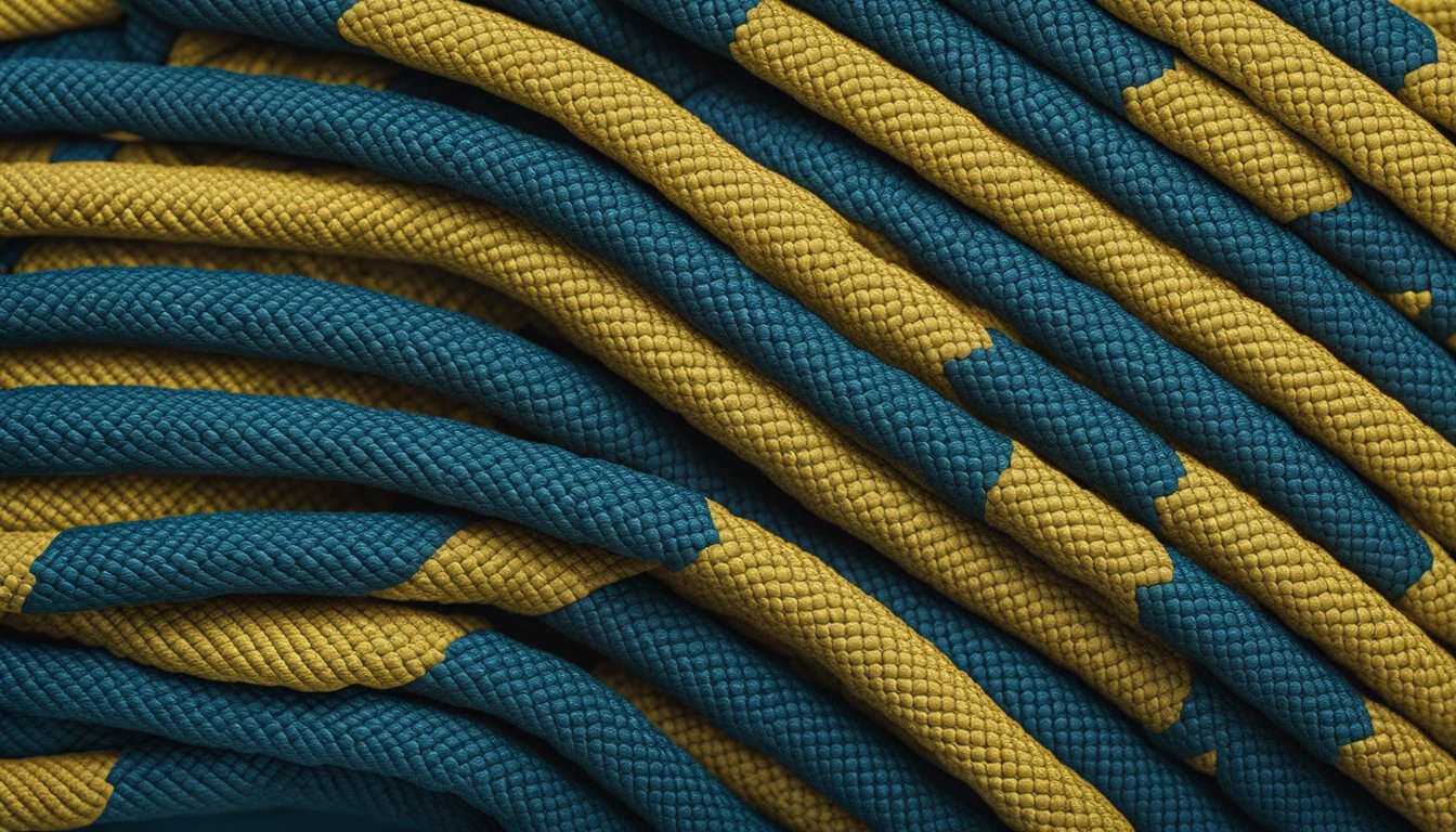 A coiled climbing rope with varying thicknesses and lengths laid out on a flat surface for selection