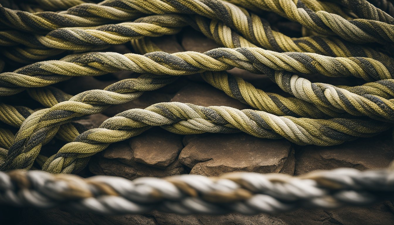 A coiled climbing rope hangs against a rock wall, its length and thickness emphasized. A carabiner is attached to the end, ready for use