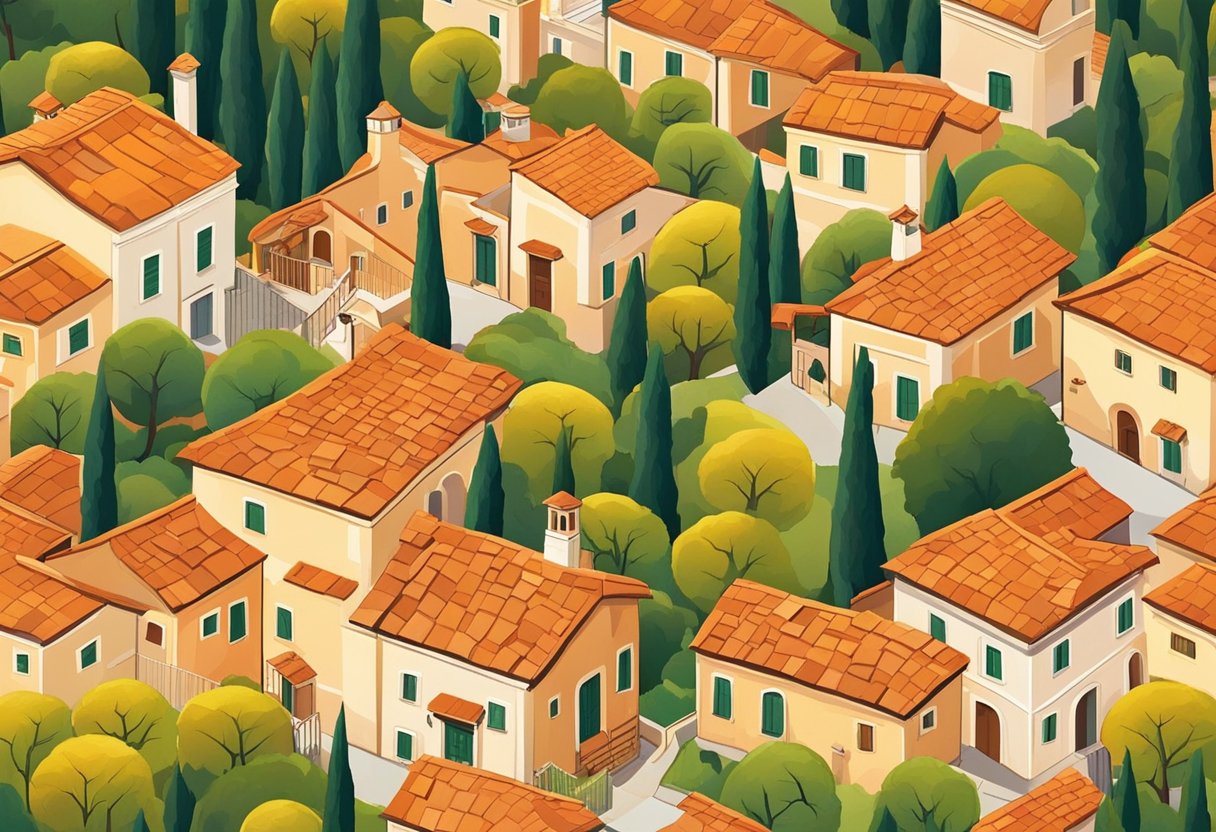A rustic Italian village nestled in rolling hills, with terracotta rooftops and cypress trees lining the winding streets. A warm, golden sunset bathes the scene in a soft, romantic glow