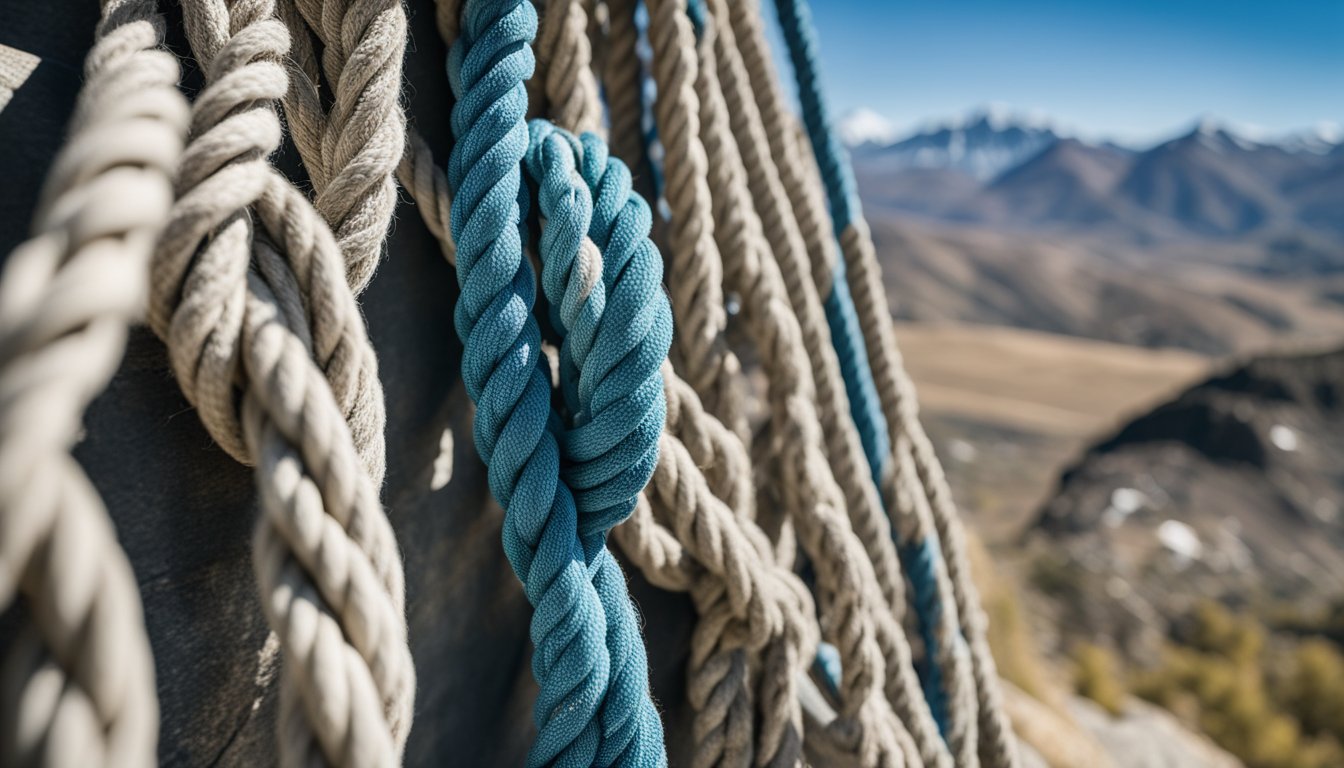 Climbing ropes of different lengths and thicknesses are displayed against a backdrop of mountains and a clear blue sky. Safety features are highlighted with clear labeling