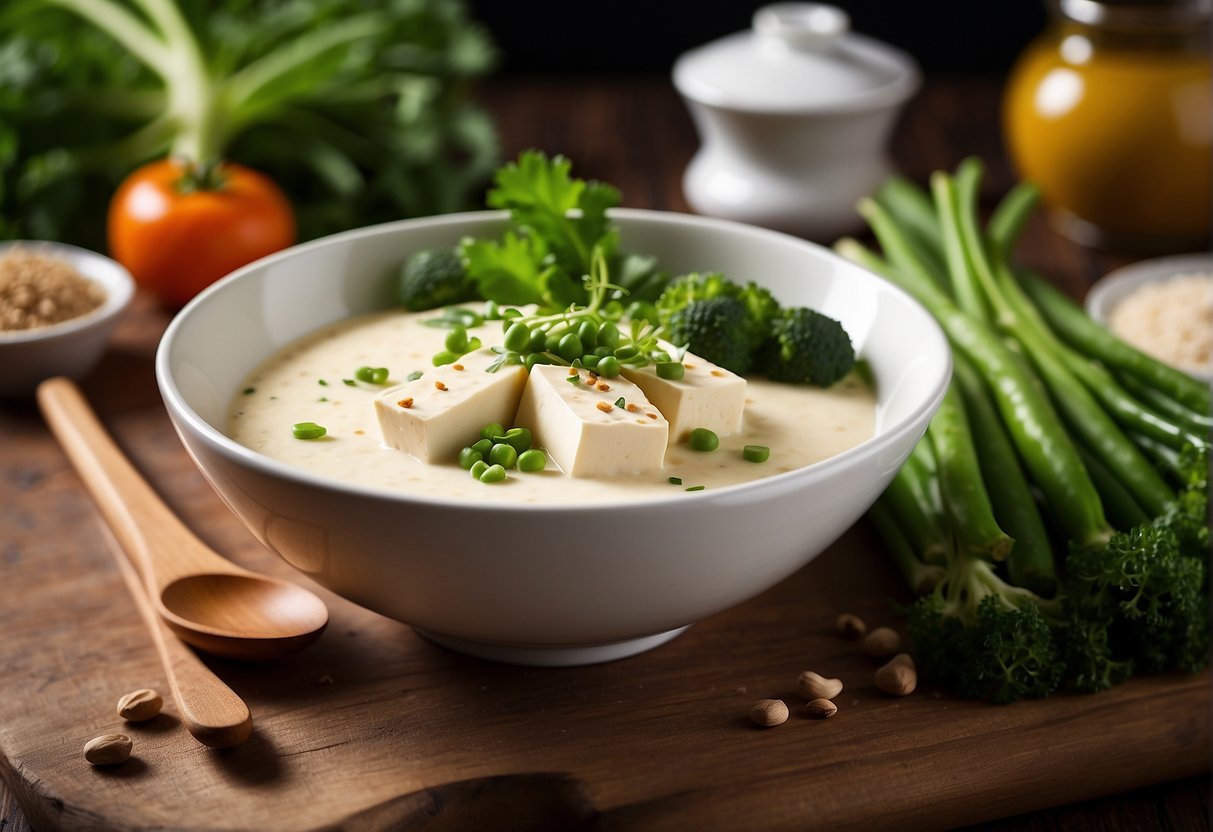 A bowl of creamy soft tofu sits on a wooden table, surrounded by fresh green vegetables and a variety of aromatic Chinese spices