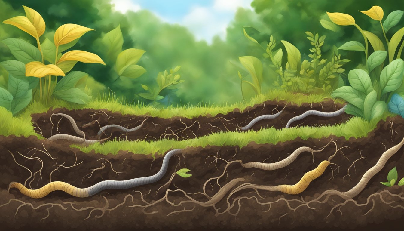 Earthworms burrow through rich soil, aerating and fertilizing it. They break down organic matter, improving soil structure and nutrient availability for plants