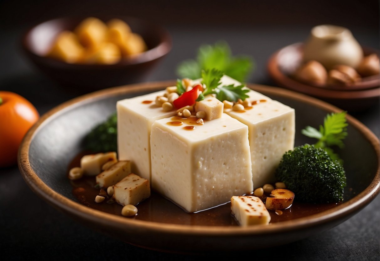 Soft tofu sits in a traditional Chinese dish, its smooth texture evident. The tofu is surrounded by various ingredients, showcasing the versatility of this popular ingredient in Chinese cuisine