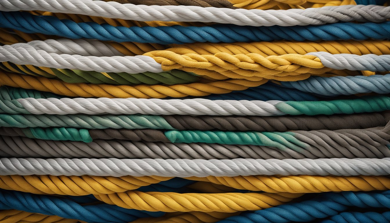 A variety of climbing ropes in different lengths and thicknesses are displayed against a neutral background, with clear labels indicating their specifications