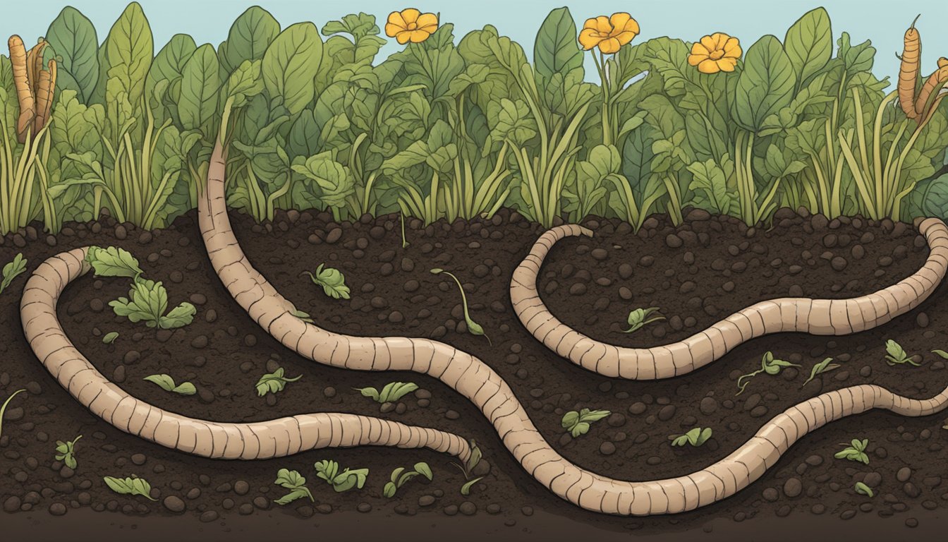 Earthworms wriggle in a rich, dark soil. A computer screen displays "Frequently Asked Questions buy earthworms online."