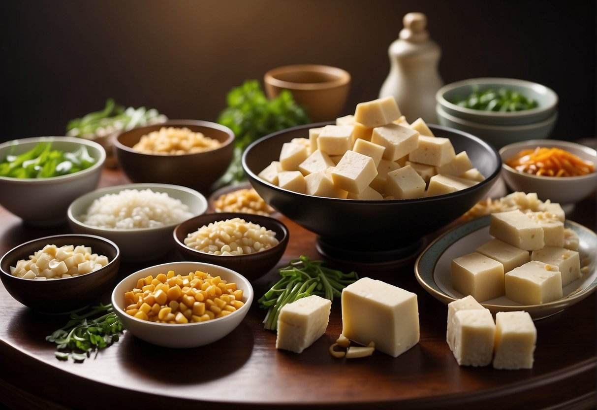 A table with a variety of essential ingredients for Chinese tofu recipes: soft tofu, soy sauce, ginger, garlic, scallions, and various vegetables