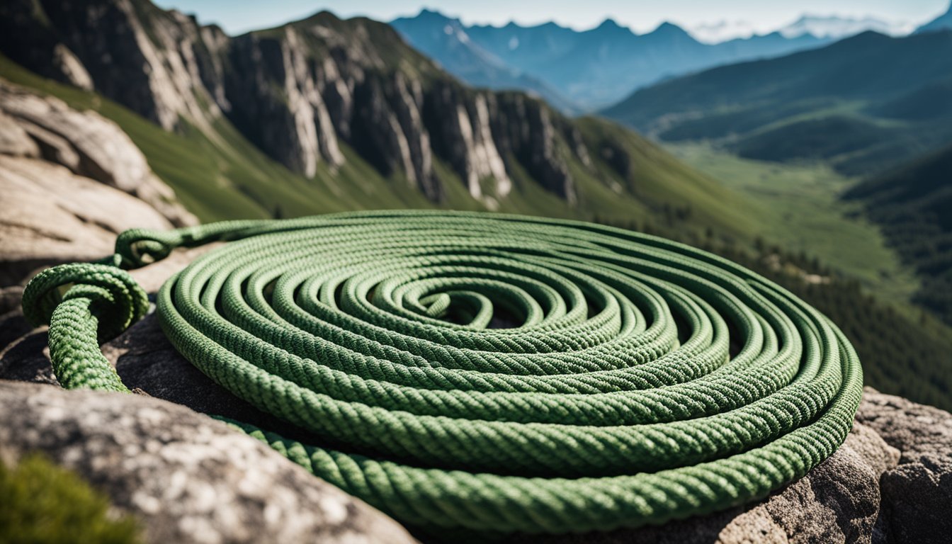 A coiled climbing rope with various thicknesses and lengths laid out on a flat surface, with a backdrop of a rocky cliff or mountain