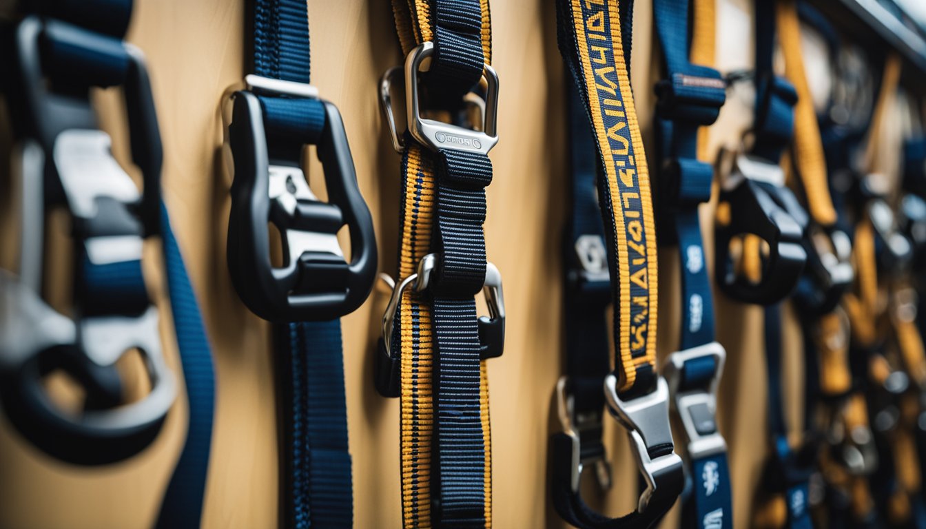 A lineup of top 10 climbing harnesses displayed on a wall rack, each with unique features for safety and comfort