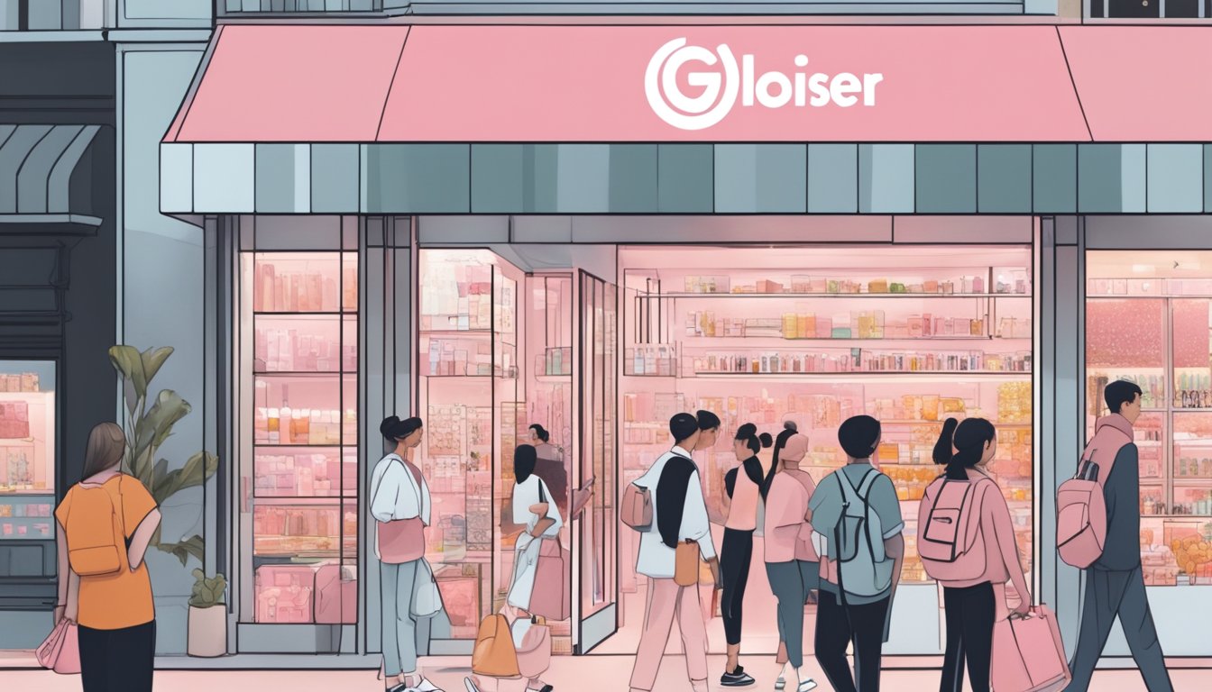 A bustling street in Singapore, with a modern storefront displaying the Glossier logo and products. Shoppers browse and chat with staff
