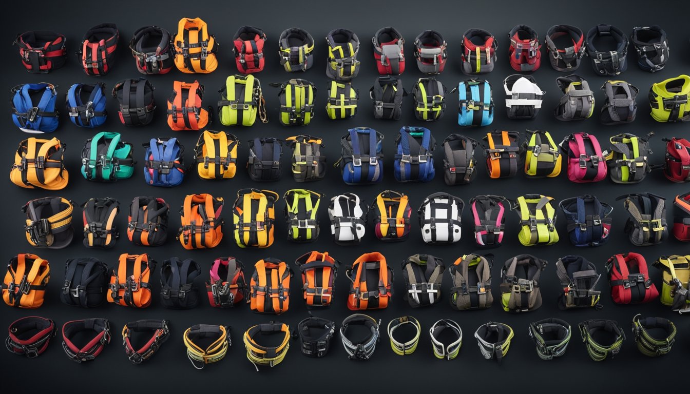 A collection of top 10 climbing harnesses arranged neatly with labels and safety features highlighted