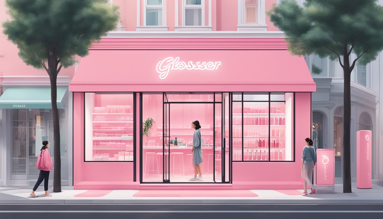 A bright, minimalist storefront in Singapore showcases Glossier's iconic pink branding and sleek product displays, drawing in passersby with its trendy, modern aesthetic