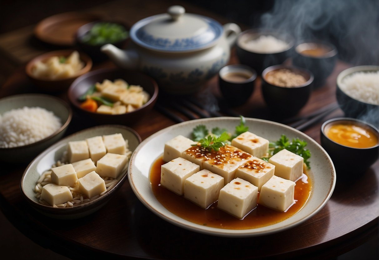 A table set with various Chinese soft tofu dishes, surrounded by chopsticks and a steaming pot