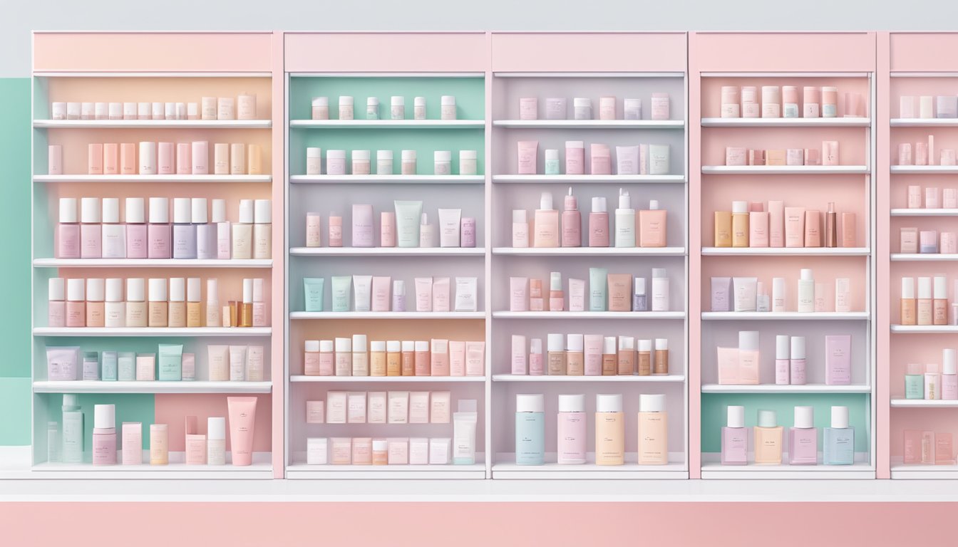 A display of Glossier's product range, arranged neatly on white shelves with soft, pastel-colored packaging. Bright lighting highlights the products, creating a clean and inviting atmosphere
