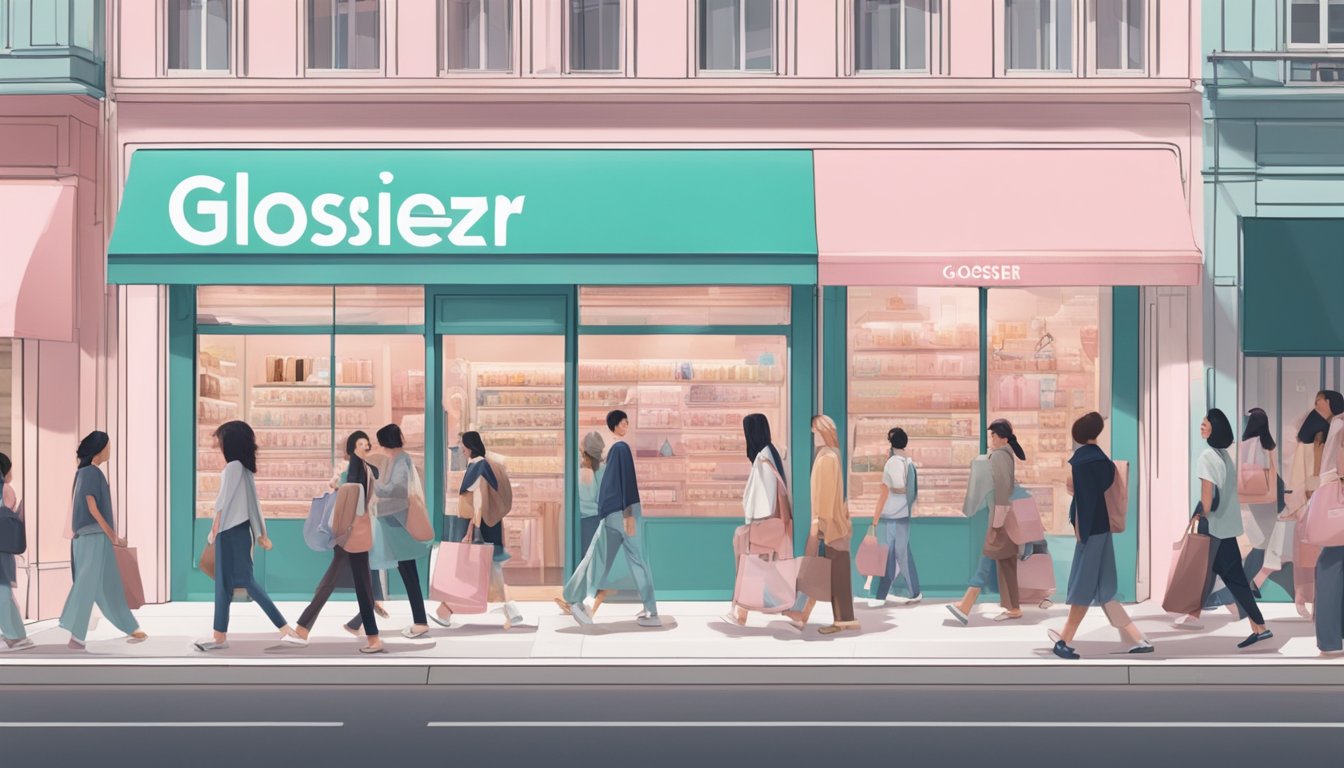 A crowded urban street with a storefront displaying "Glossier Singapore" signage, with people entering and exiting the store