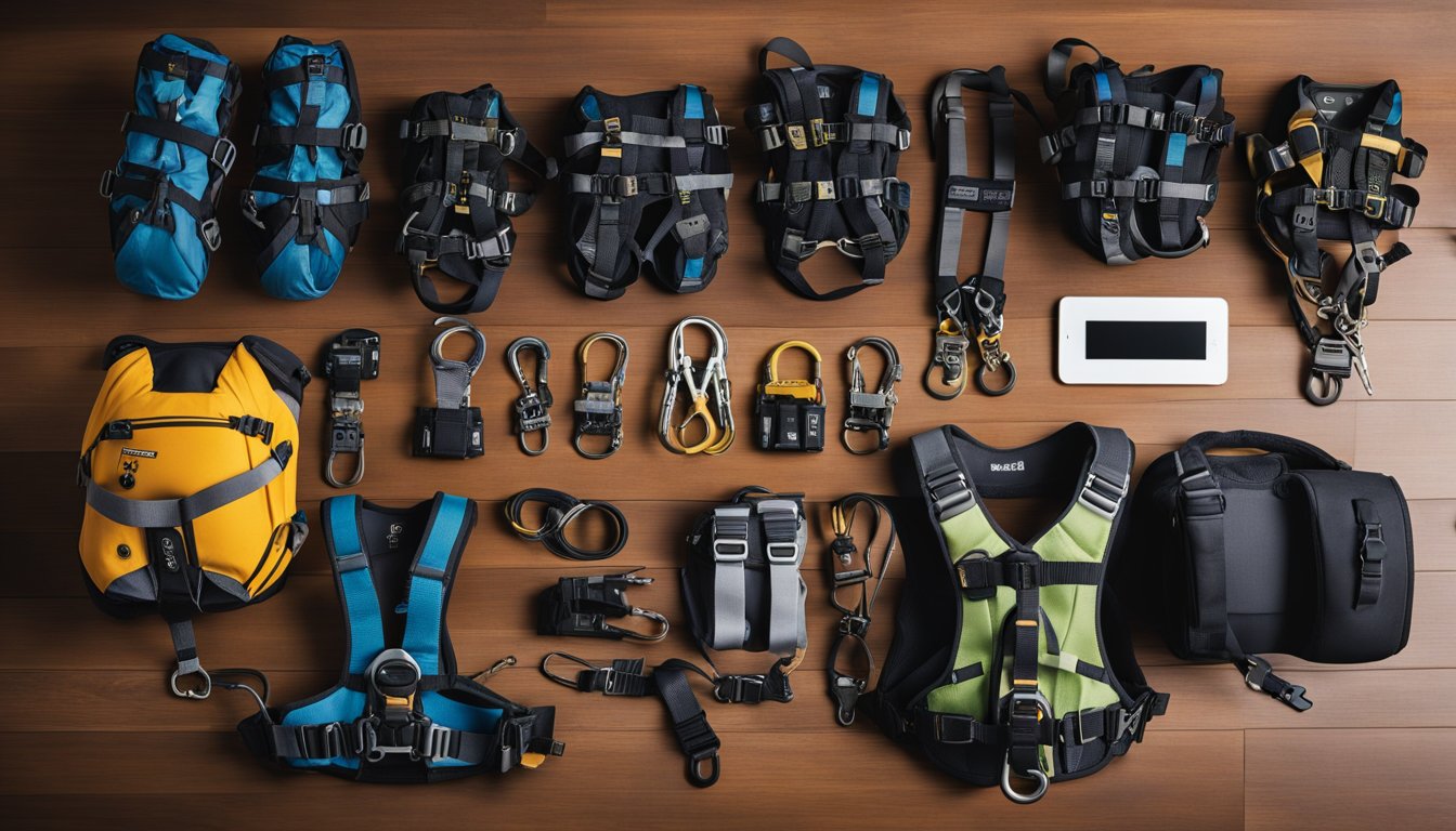 A table with various climbing harnesses laid out, each one labeled with its name and key features. Safety ratings and comfort levels are prominently displayed