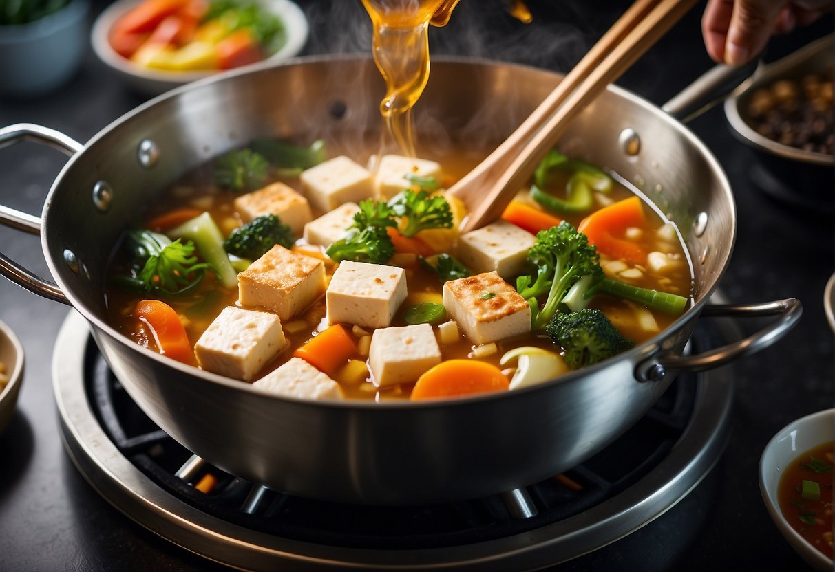 Tofu being gently stirred in a wok with colorful vegetables and savory sauces. A steaming pot of fragrant broth bubbles nearby