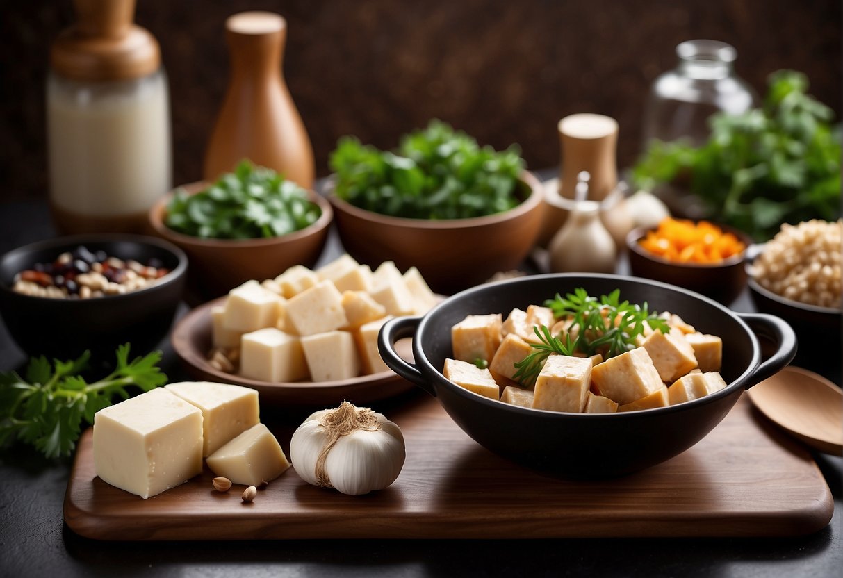 A table set with various ingredients like ginger, garlic, soy sauce, and soft tofu. A wok and cooking utensils are ready for use