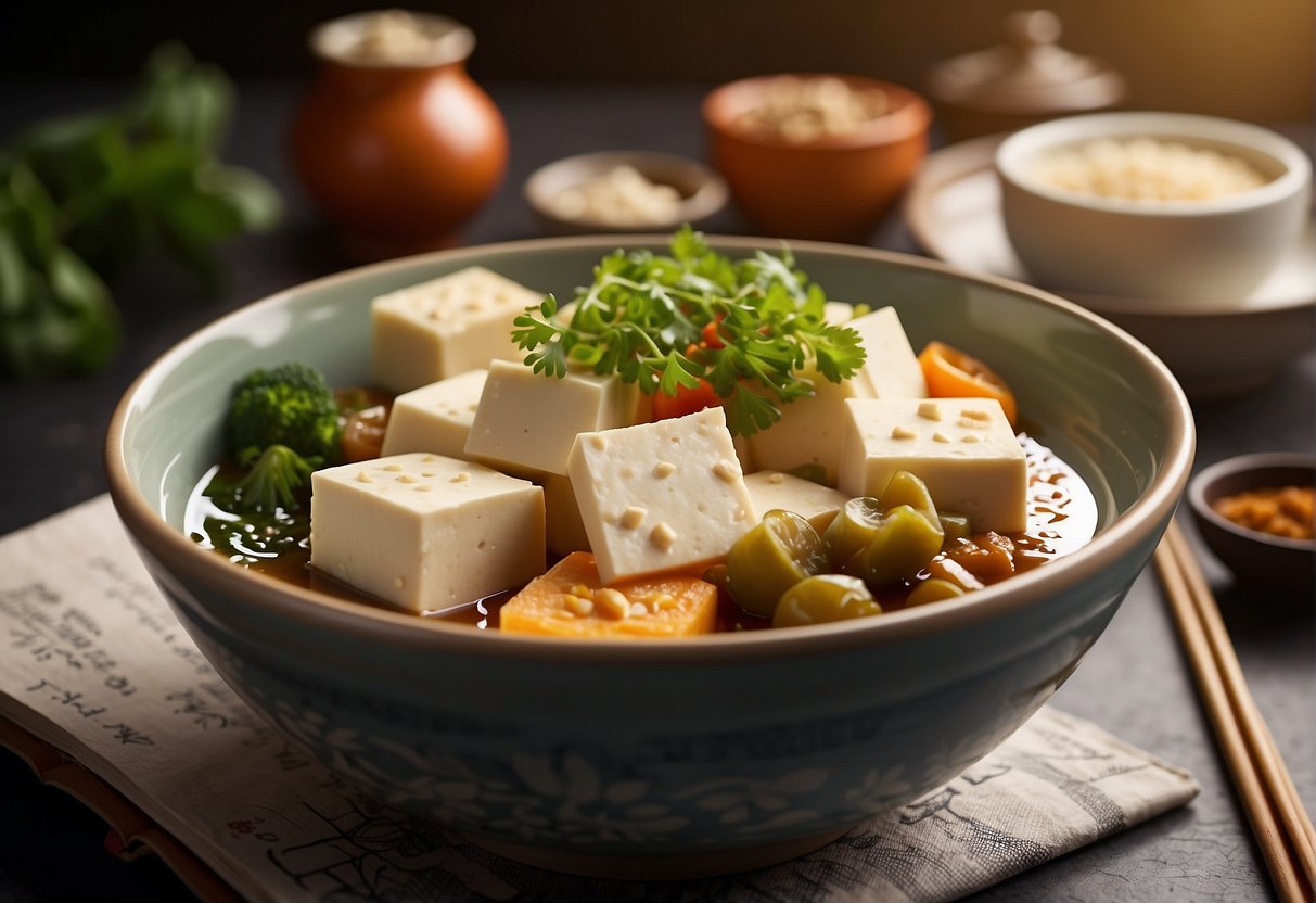 A bowl of soft tofu surrounded by various Chinese ingredients, with a recipe book open to the "Frequently Asked Questions" section