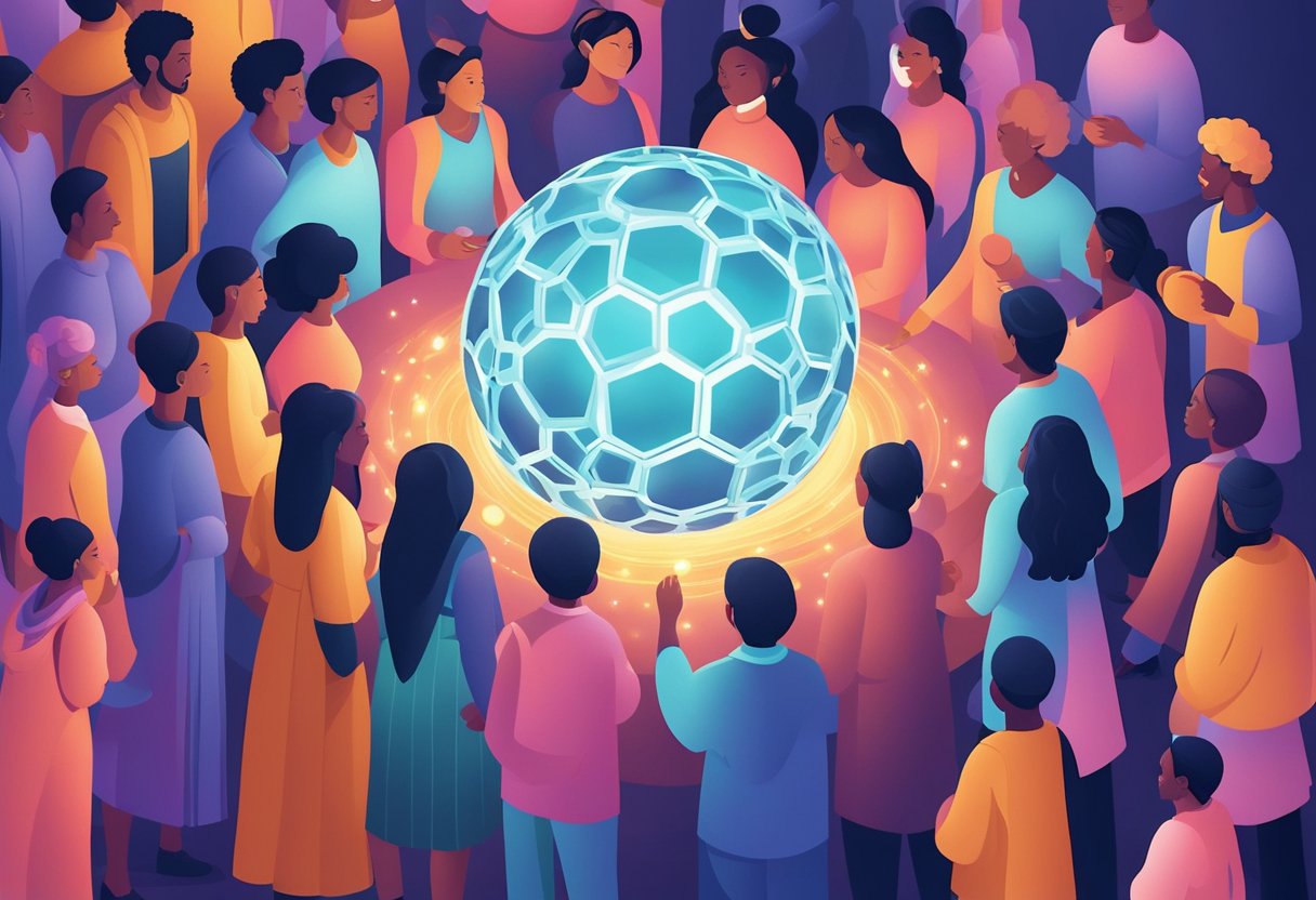 A diverse group of people standing together, each holding a glowing orb representing their individual power. The orbs combine to form a larger, radiant sphere symbolizing their collective strength