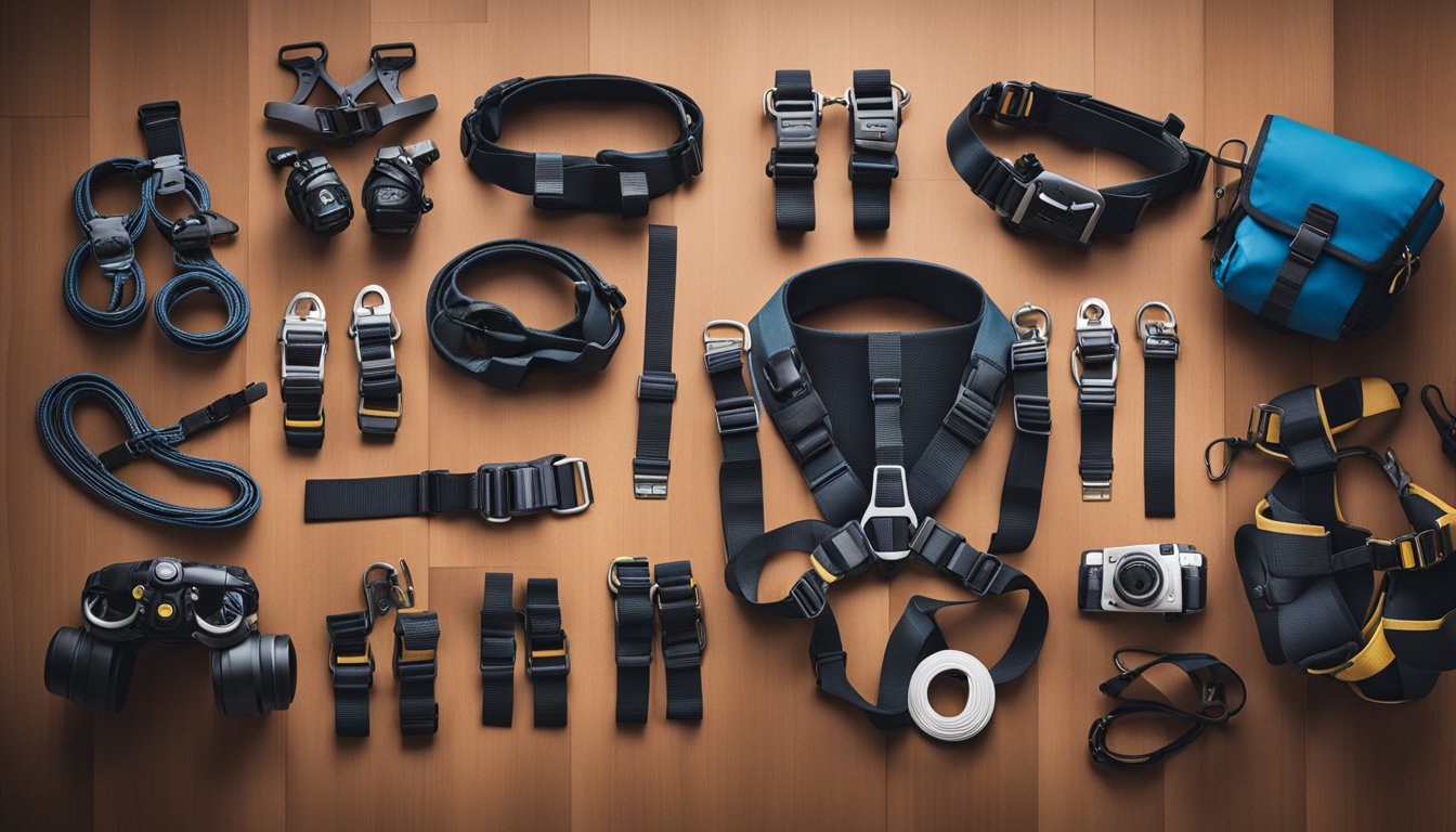 A table with 10 different climbing harnesses laid out neatly, each with its own set of care and maintenance instructions