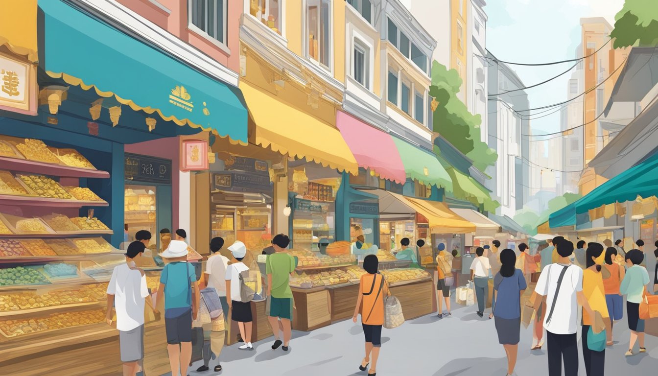 A bustling market street in Singapore, with colorful shop fronts displaying various gold leaf products. Shoppers browse the vibrant displays, while vendors eagerly promote their wares