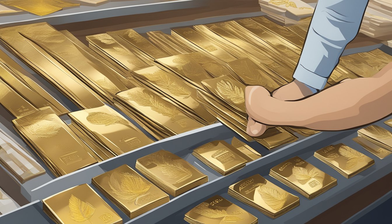 A hand reaching out to examine gold leaf sheets displayed in a store, with various brands and prices clearly labeled