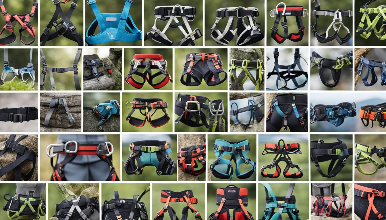 A collection of top 10 climbing harnesses arranged in a grid, each labeled with its name and safety features