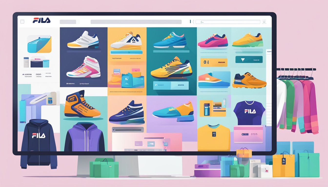 A computer screen displays Fila's online store with various products and categories. A cursor clicks on the navigation bar, highlighting the shopping options