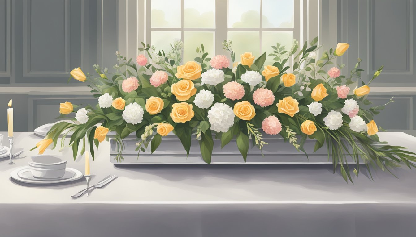 A table adorned with various funeral flowers, including lilies, roses, and carnations. A soft, somber color palette creates a peaceful and respectful atmosphere