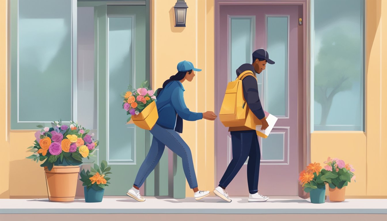 A person clicks "order" on a website, then a delivery person drops off a bouquet at a doorstep