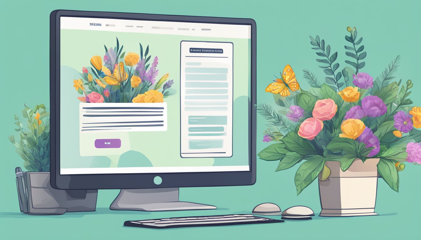 A computer screen showing a website with a "Frequently Asked Questions" section about buying funeral flowers online