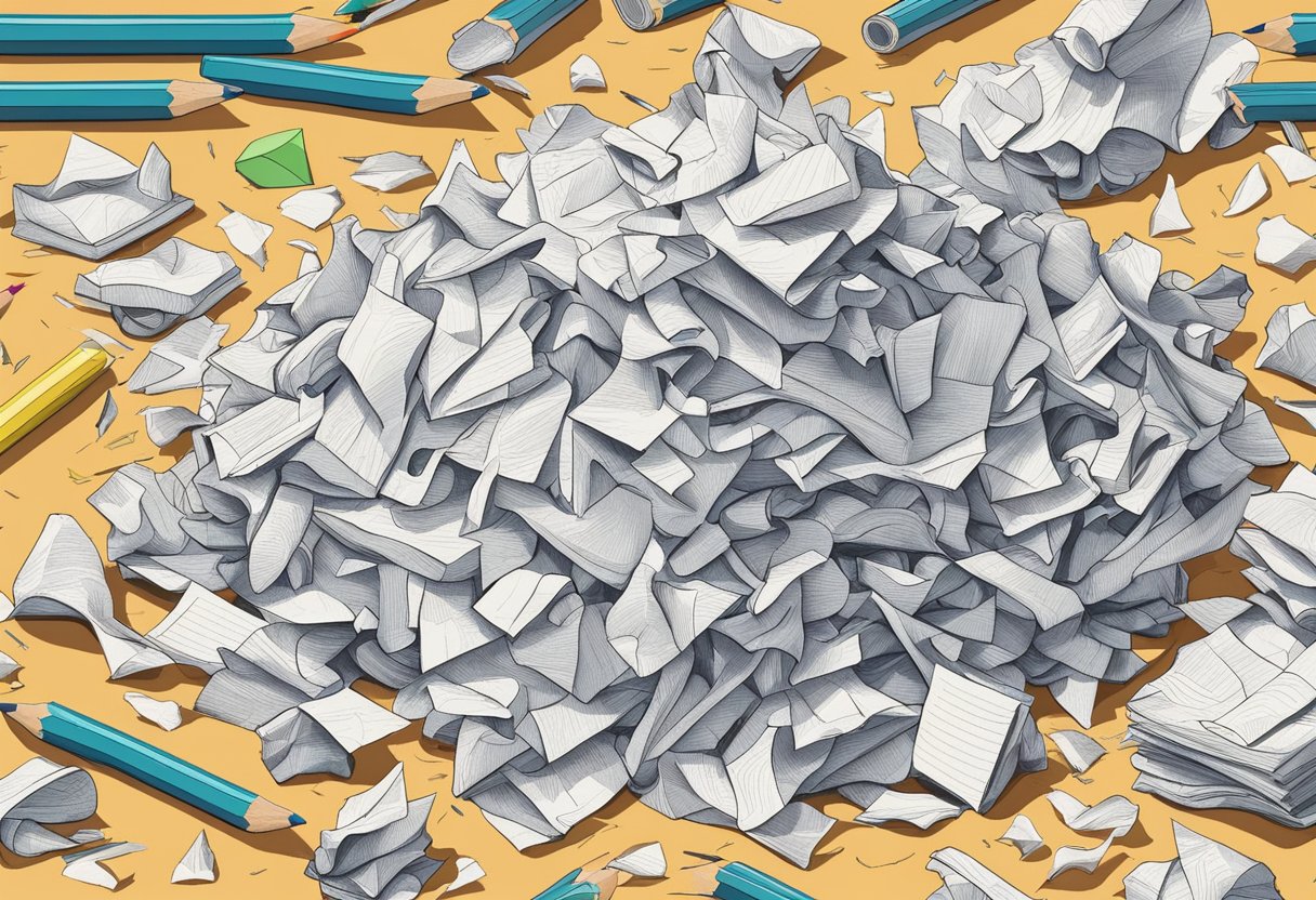 A pile of crumpled paper with scattered pencils and a frustrated expression on a desk