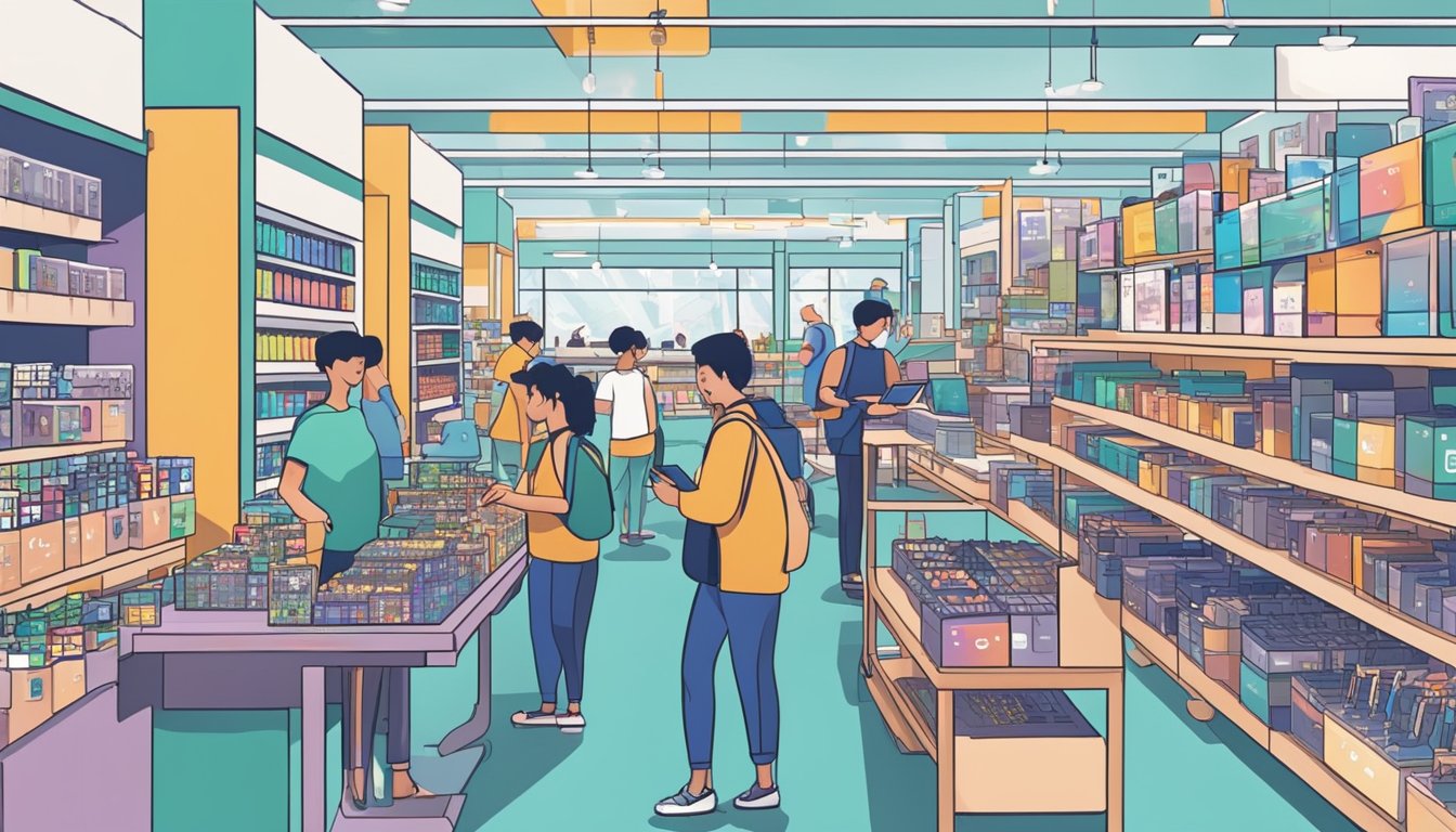 A bustling electronics store in Singapore, with shelves lined with Google Pixel 3a smartphones and customers browsing and making purchases