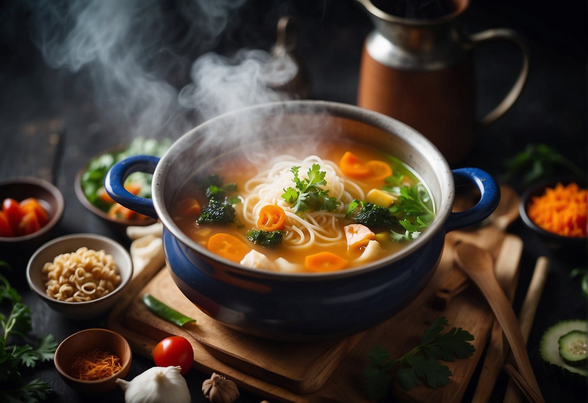 A steaming pot of Chinese-style soup surrounded by vibrant, fresh ingredients and traditional cooking utensils