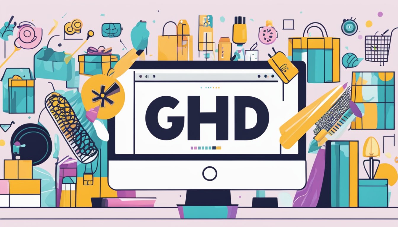 A computer screen displaying a website with the words "buy ghd online" in bold letters, surrounded by images of hair styling tools and a shopping cart icon